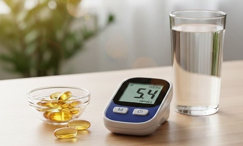Глюкомер с нормален резултат 5.4 mmol/L, поставен до капсули Витамин D при преддиабет и чаша вода.